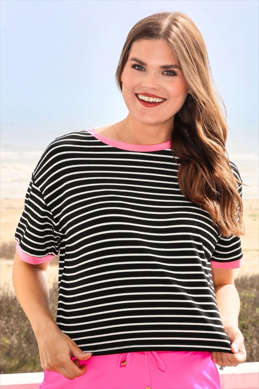 Retro Stripe Tee- Black and Pink - Jess Lea Boutique