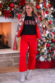 Red leopard-print safari chic blazer with bold festive design for santa safari chic puffer style