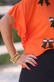 Sideline Sparkle Ruffle Top- Orange - Jess Lea Boutique
