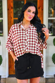 Sloane Button Up Top- Burgundy Gingham - Jess Lea Boutique