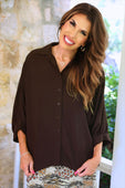 Sloane Button Up Top- Chocolate - Jess Lea Boutique