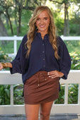 Sloane Button Up Top- Navy - Jess Lea Boutique