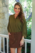 Sloane Button Up Top- Olive - Jess Lea Boutique