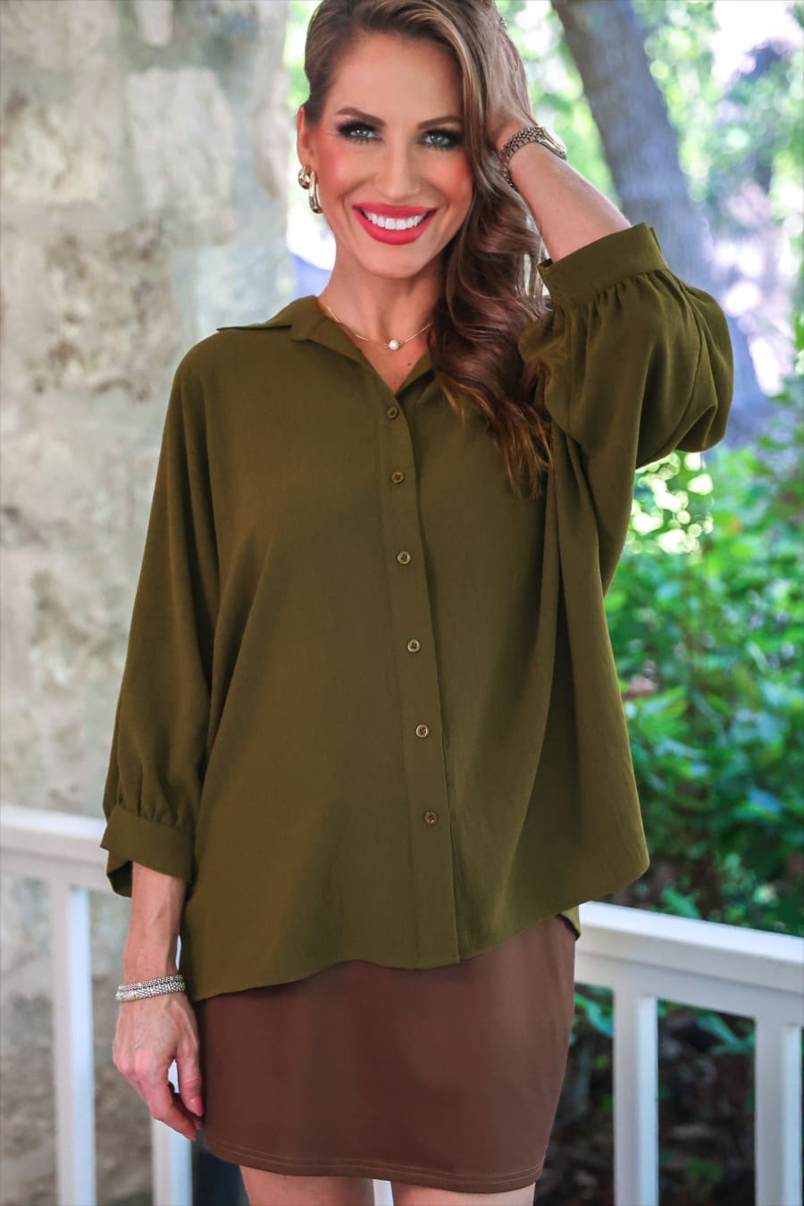 Sloane Button Up Top- Olive - Jess Lea Boutique