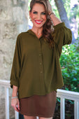 Sloane Button Up Top- Olive - Jess Lea Boutique