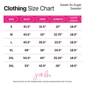 Pink and white clothing size chart for the sweet as sugar sweater by jess lea in green color