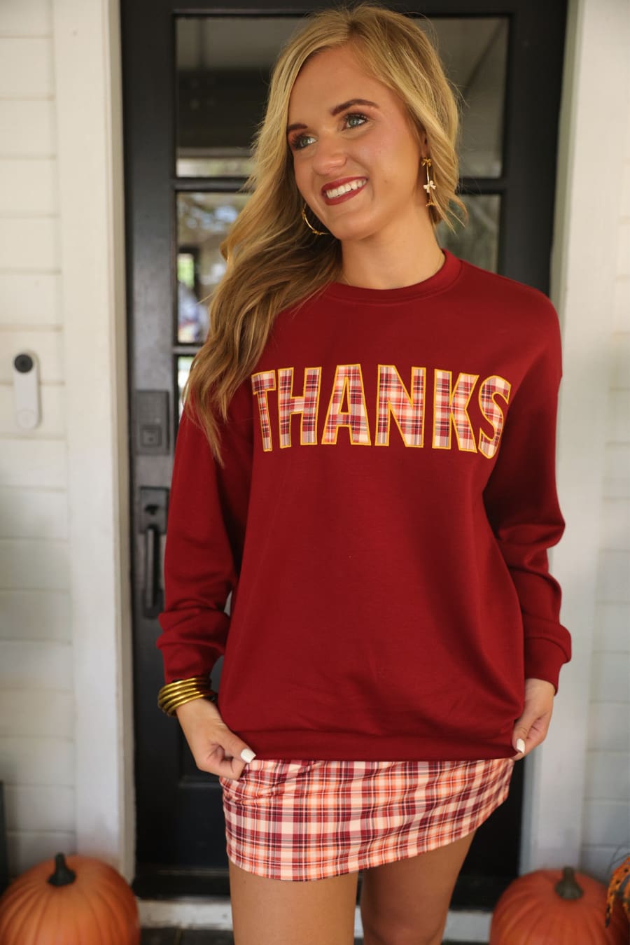 PREORDER Thanks Plaid Patch Pullover - Jess Lea Boutique