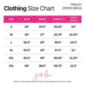 Tinsley zipper dress size chart with pink header and black text on white background for emerald zipper dress