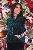 Emerald green velvet quilted vest with silver buttons and velvet finish featuring ruffle shoulder details