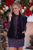 Navy velvet quilted vest with velvet finish silver buttons and ruffle shoulder details for stylish layering