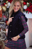Navy velvet quilted vest with ruffle shoulder details silver buttons and luxurious velvet finish
