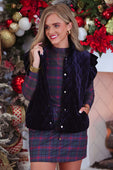 Navy velvet quilted vest with ruffle shoulder details silver buttons and rich velvet finish for stylish layering