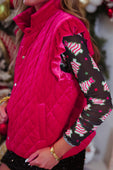 Velvet quilted vest pink with ruffle shoulder details velvet finish high collar silver buttons festive pattern