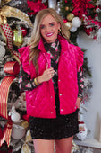 Bright pink velvet quilted vest with ruffle shoulder details silver buttons and velvet finish