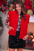 Red velvet quilted vest with velvet finish featuring ruffle shoulder details and button closures