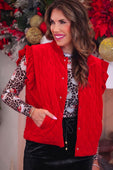 Red velvet quilted vest with ruffle shoulder details and silver buttons featuring a soft velvet finish