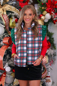 White christmas plaid puffer vest with red white and blue checkered pattern and green ruffle shoulder details