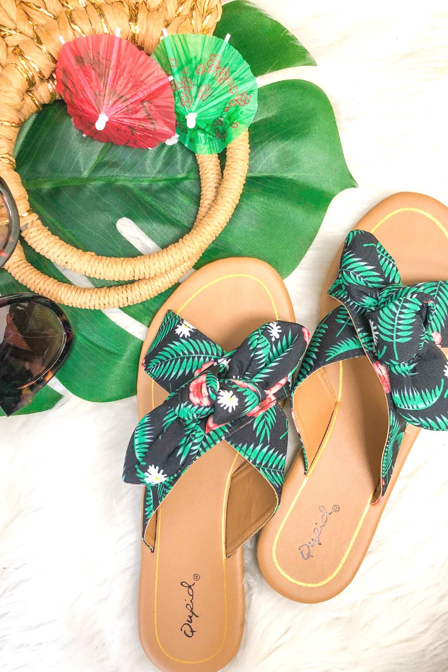 Palm Tree Bow Slide Sandals - Jess Lea Boutique