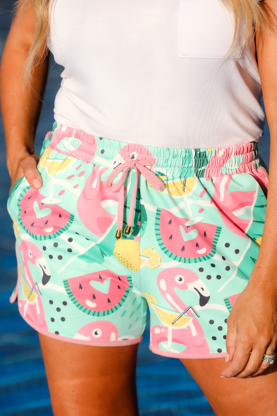 Pool Party Flamingo Floaties Drawstring Everyday Shorts - Jess Lea Boutique